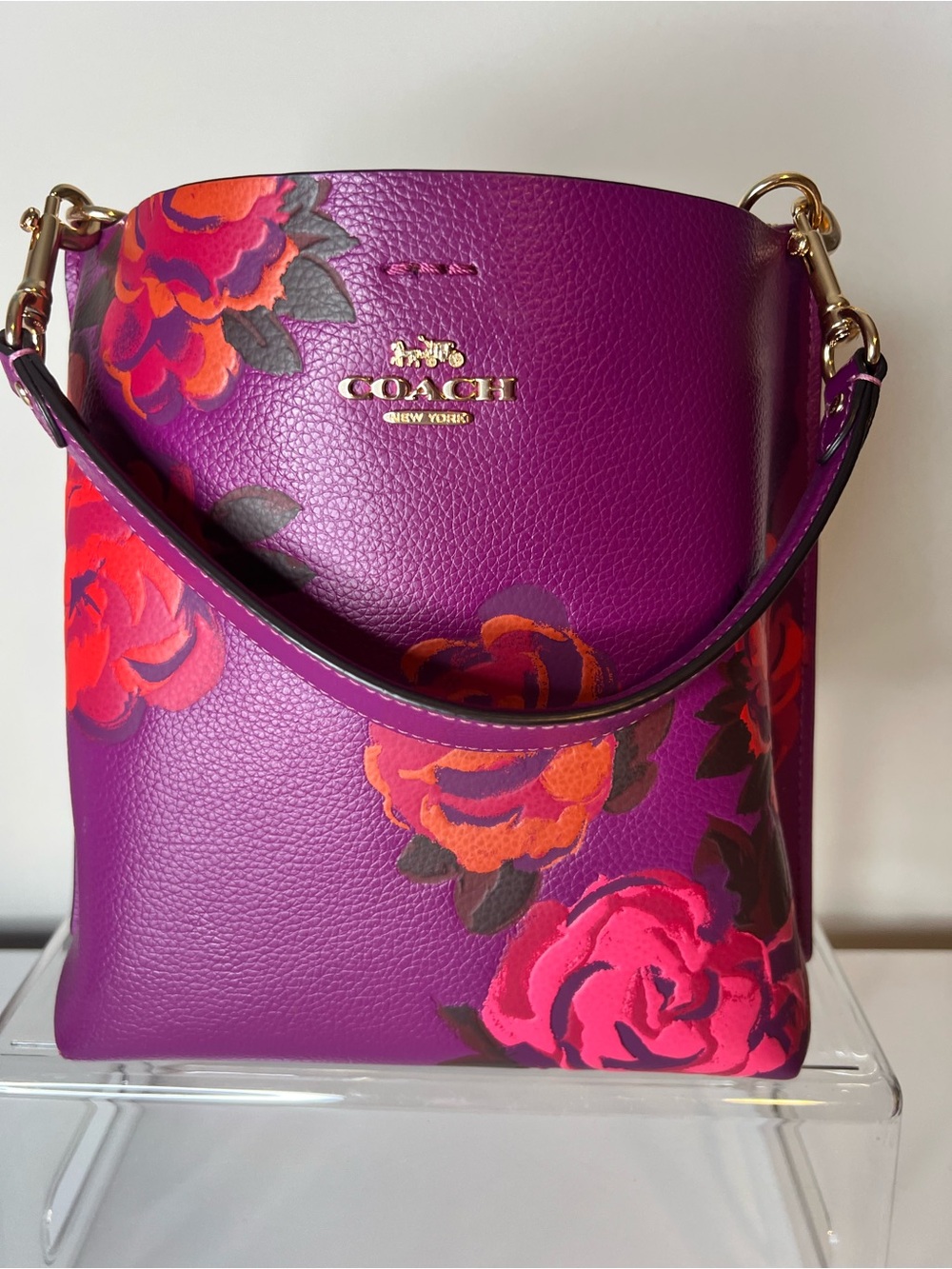Coach Purple Floral Leather Bucket Bag - Picture 6 of 15